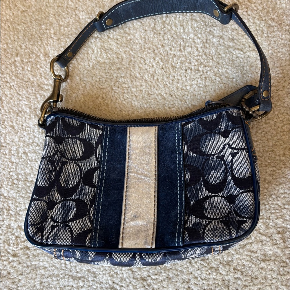Coach Navy Signature Canvas Shoulder Bag with Silver Center Panel